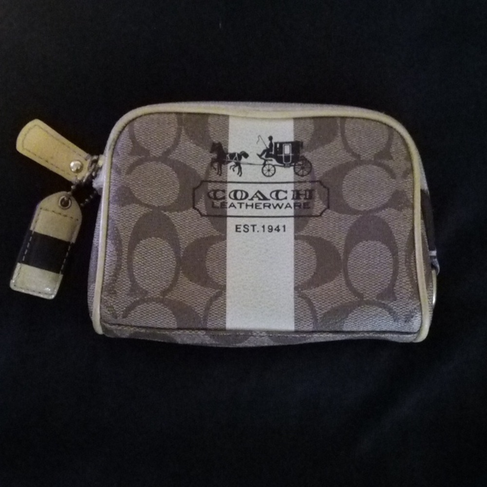 Coach New York Y2K Monogram Canvas Cosmetic Pouch With White Stripe Leatherware